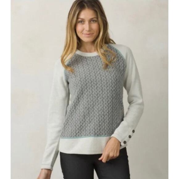 Prana Aya Long Sleeve Sweater Gray White Size Small Wool Blend Crewneck Fleece - Picture 1 of 10
